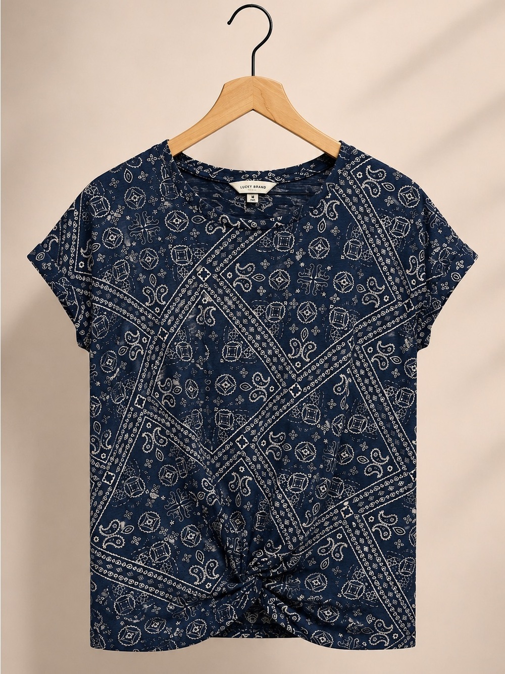 Lucky Brand Navy Blue Paisley Knot-Front Tee (318)